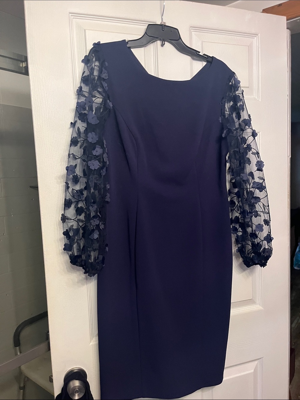 connected apparel Navy Sheath Dress with Floral Mesh Long Sleeves
